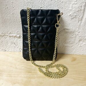 Anna Paola Black Quilted Genuine Leather Shoulder/Crossbody Bag NWOT Gold Strap